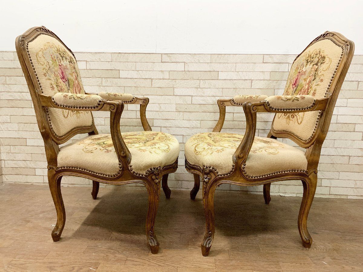 高級 イタリア アンティーク ゴブラン織り アームチェア 猫脚 猫足 椅子 ②