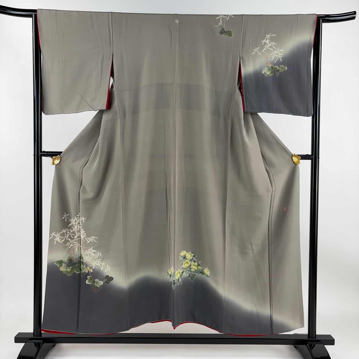 付下げ 身丈152cm 裄丈65cm M 袷 田村哲彦 落款 草花 ぼかし 灰茶 正絹  