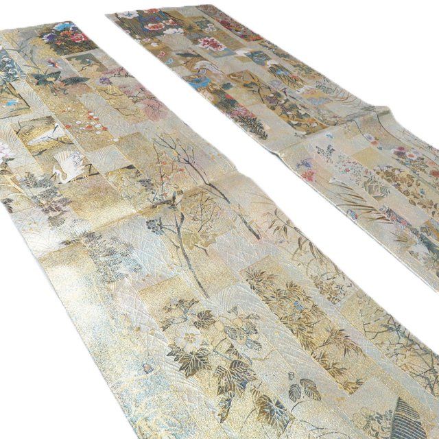 美品 高級 袋帯 正絹 全通柄 西陣織物 あさぎ ゴールド フォーマル 両面 美品 高級 袋帯 正絹 全通柄 西陣織物 あさぎ ゴールド