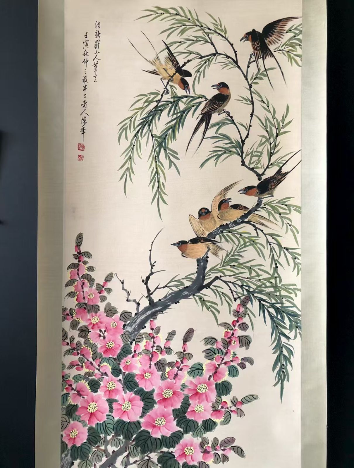 中国古美術. 陳半丁 花鳥 4尺の手描き作品 宣かみ画.観賞品.文房置物.中国骨董25090709