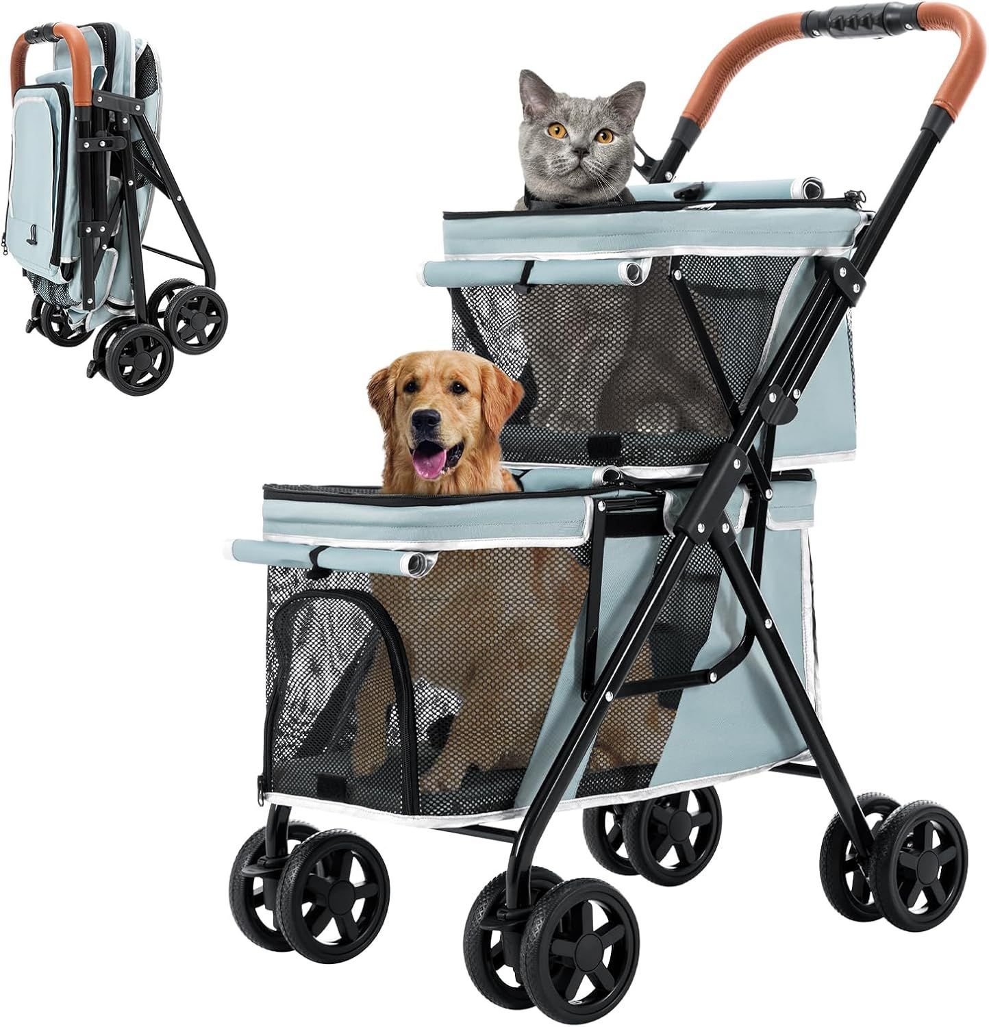 LPOTIUS ペットカート 多頭 上下2段式 ペットバギー ワンタッチ 折りたたみ 犬用ベビーカー コンパクト 収納便利 4輪 前輪360°回転 後輪ブレーキ付き 軽量 犬用カート 小型犬 中型犬 犬猫兼用