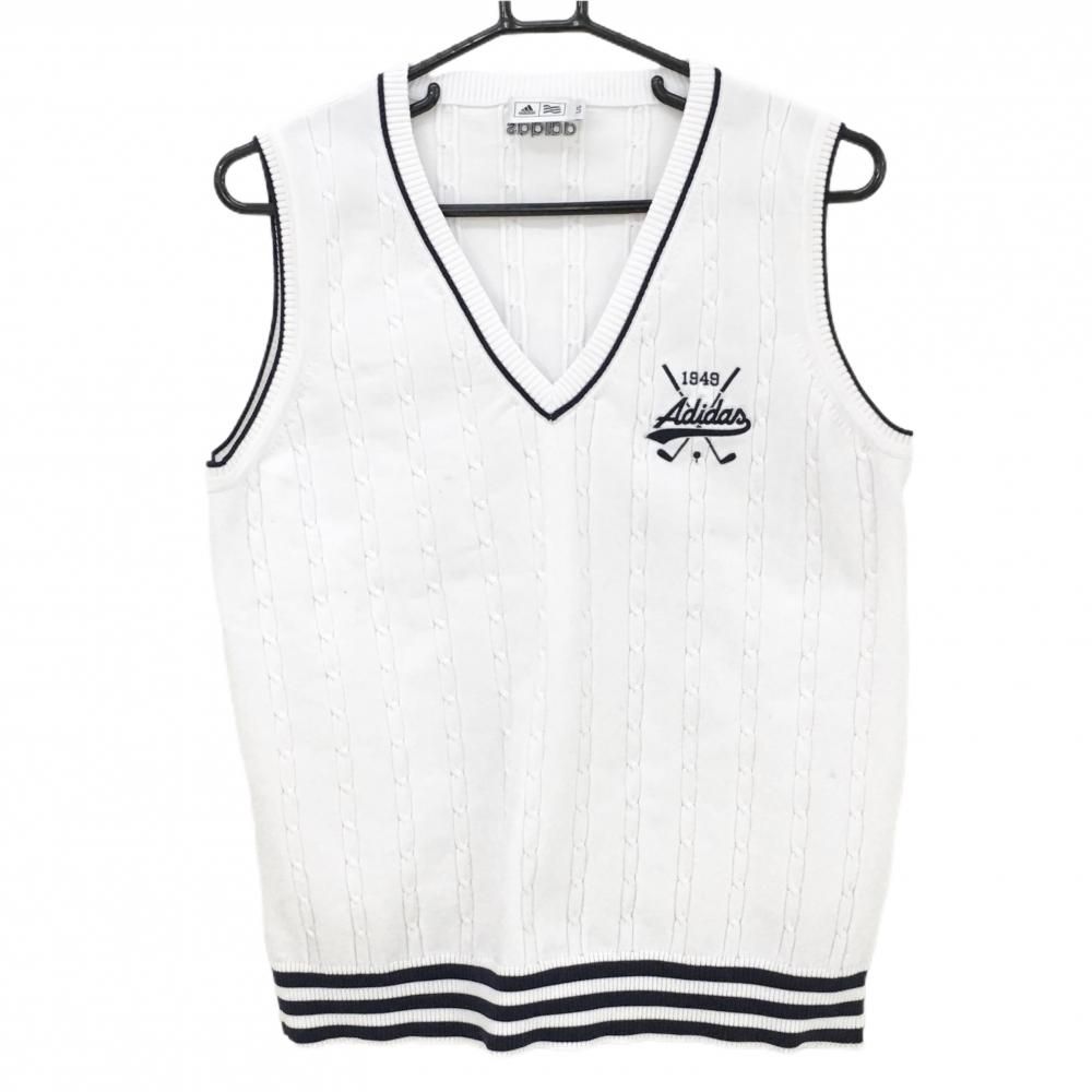 アディダス ニットベスト 白×ダークネイビー ケーブル編み Vネック レディース L/G ゴルフウェア adidas
