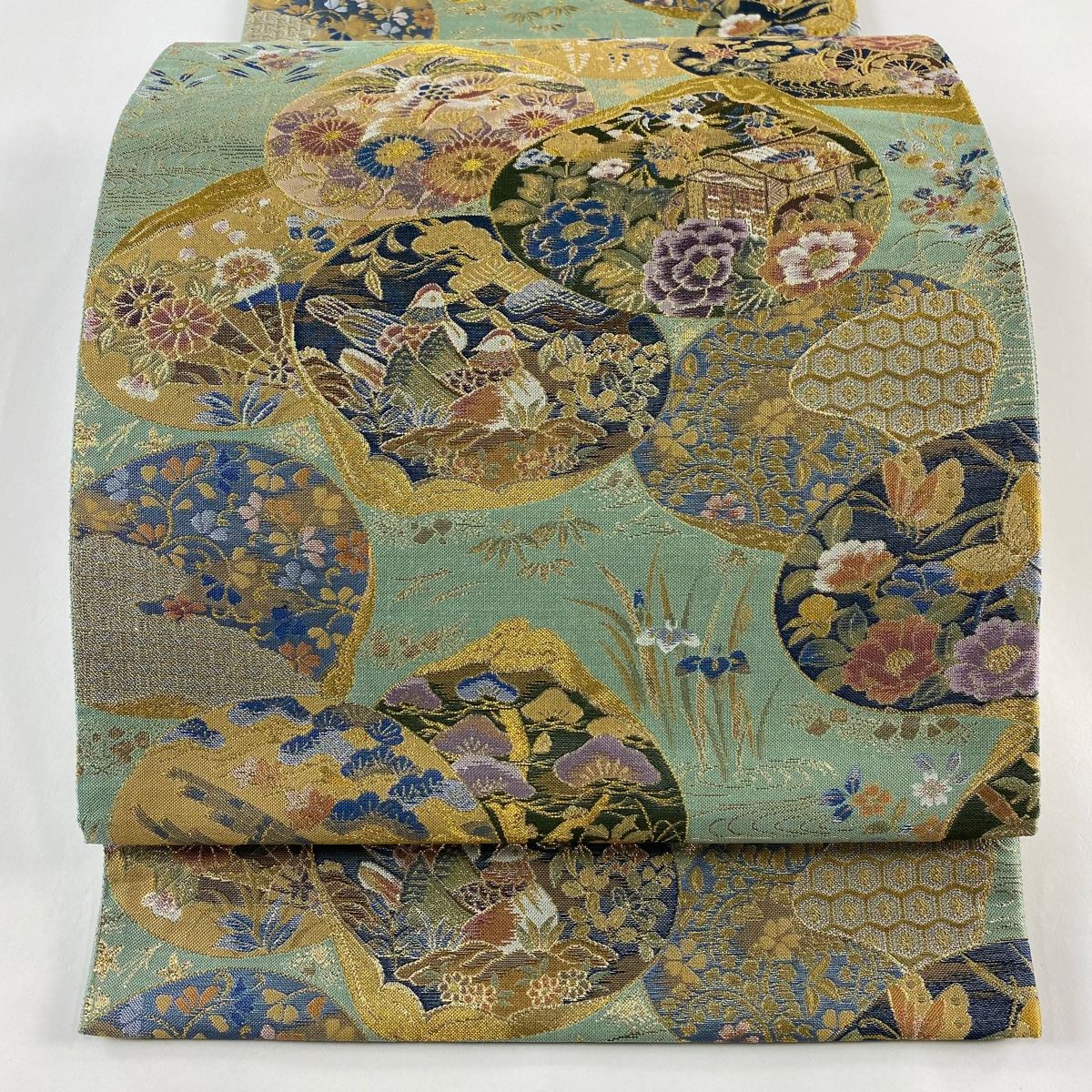 s*引様 美品　綴れ　袋帯　花食鳥　花柄 袋帯 唐織り 有職模様七宝 花菱 花喰い鳥 六通柄 正絹 中古品 No