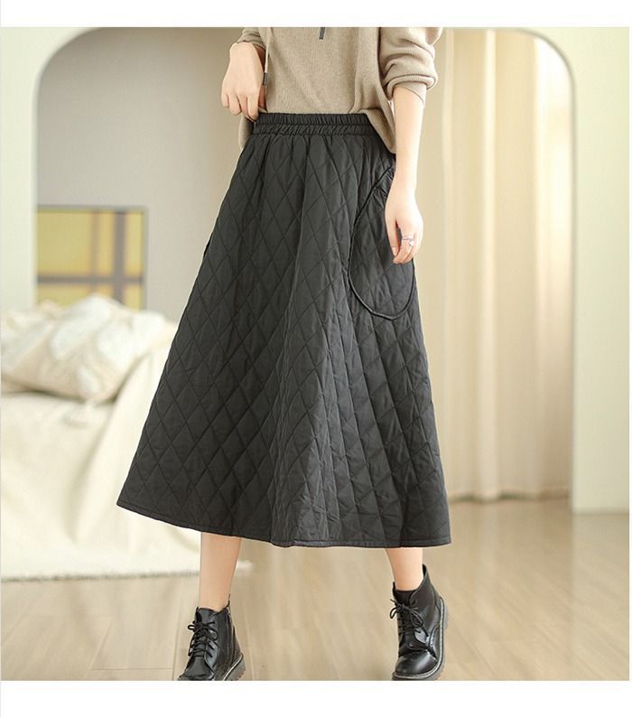 スカート レディース 秋冬 厚手 中綿 ミモレ丈 膝下 Aライン ウエストゴム 体型カバー ゆったり ミモレ丈 ロング丈 無地 美脚 通勤 普段着 着回し 保温 防寒 秋 冬 暖か milyx1206 DECORATOM_COM_BR