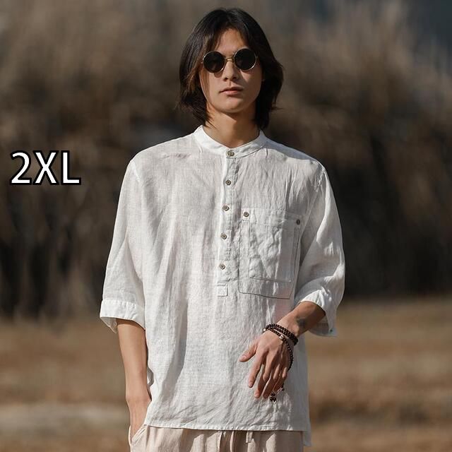 2XL メンズ ファッション 服 男性用 オシャレ シンプル 大人 かっこいい 大きいサイズ ストリート 紳士服 スタンド リネン シャツ 五分袖 カンフー 唐 スーツ 綿 リネン カジュアル 夏