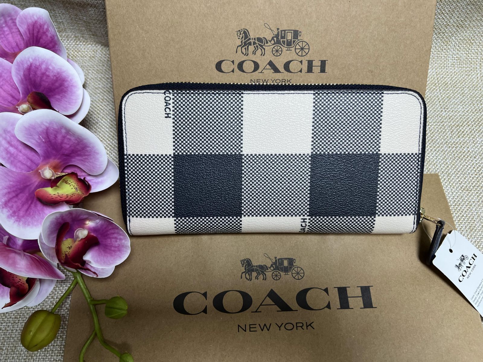 コーチ 財布 長財布 COACH バフ プレイド チェック パターン ジップ ウォレット ミッドナイトマルチ PVC レザー F25966 A35