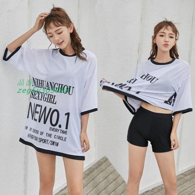 水着 セット ビキニ レディース 3点セット 体型カバー リゾート 海 Tシャツ プール アウター付き ロゴ ビーチ 大きいサイズ 夏  zeg5y303088