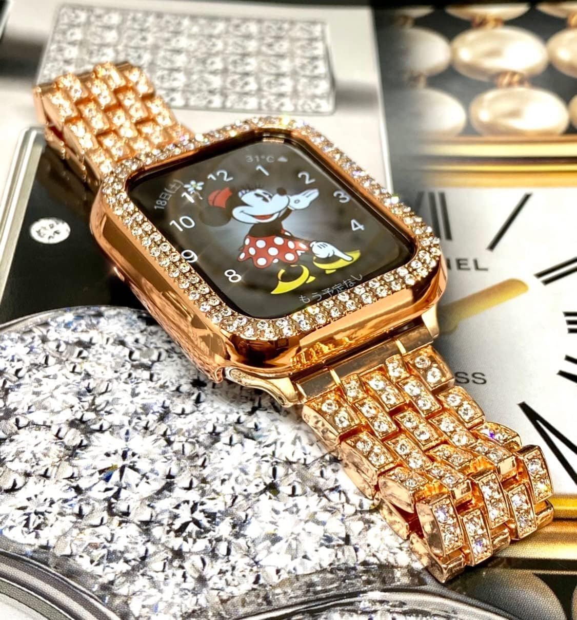 Royceu0026Roland Apple Watch アップルウォッチ ダイヤ バンド カバーセット ピンクゴールド (CZ/宝石)  華やかなデザイン ギフト プレゼント （pinkgold 41mm）