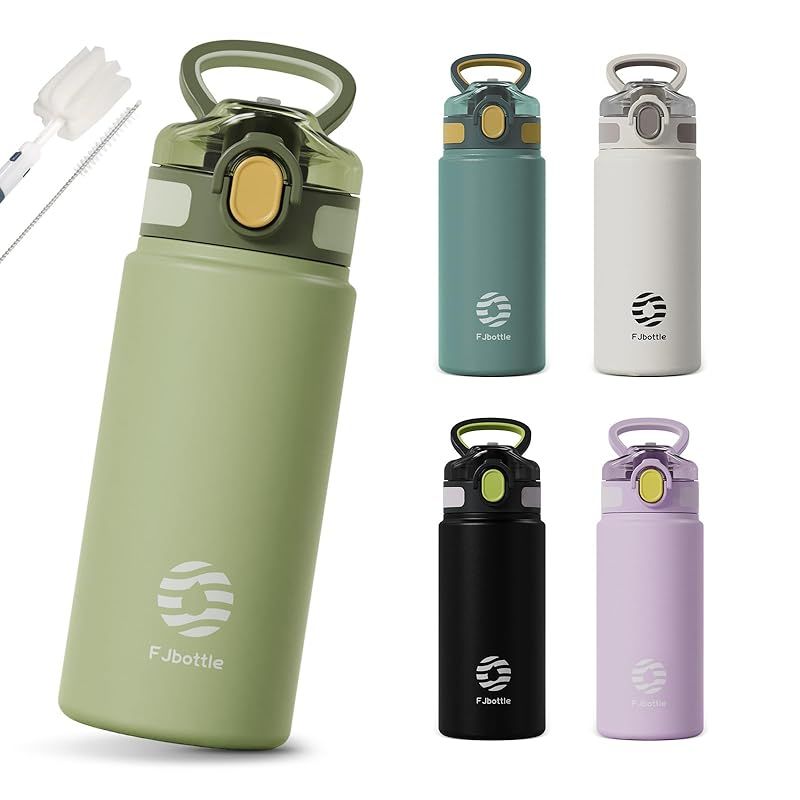 【新着商品】FJbottle 水筒 600ml 真空断熱 マグボトル(ハンドル付き) 2ウェイボトル ストロー ワンタッチ 保温 保冷 持ち運び マグ ボトル 洗いやすい 広口 ステンレスボトル 洗浄用スポンジ付