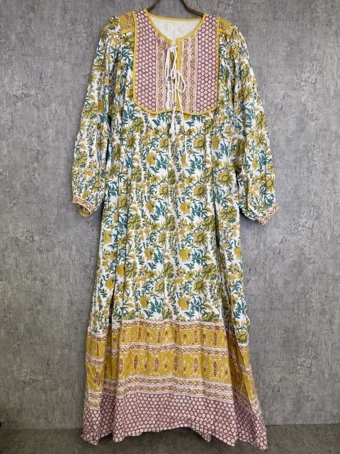 22AW FREADA ﾌﾘｰﾀﾞ ｲﾝﾄﾞ胸ｷﾙﾄ木版ﾜﾝﾋﾟｰｽ 花柄 総柄 ﾌﾗﾜｰ ｷﾙﾃｨﾝｸﾞ ﾛﾝｸﾞ ﾐﾓﾚ丈 長袖 ｲｴﾛｰ 33878419