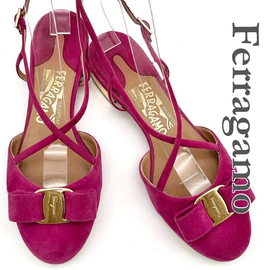 お気にいる Ferragamo ヴァラリボン バックストラップ スエード ミュール 靴