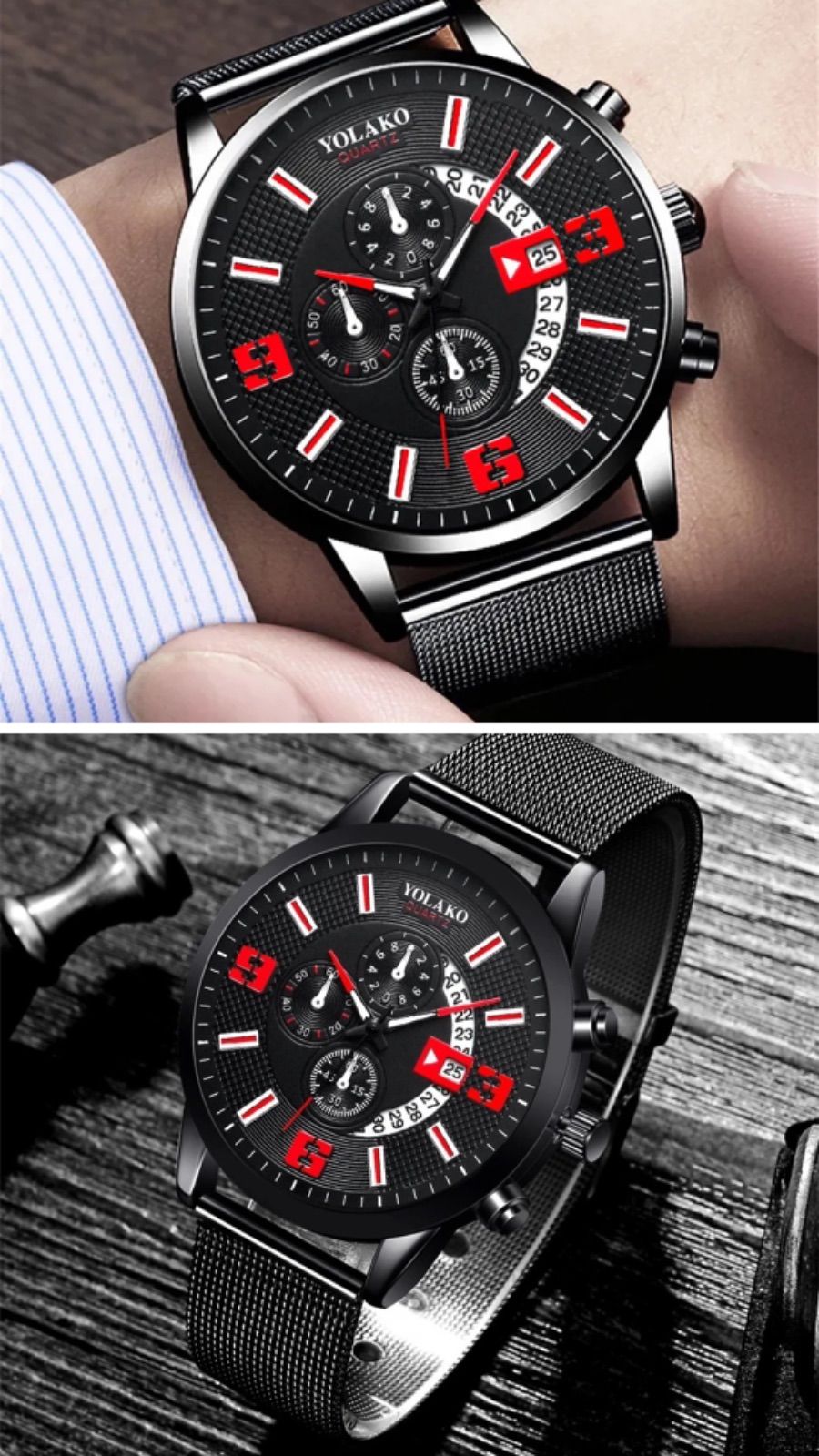 腕時計　時計 日付 ステンレス メッシュ アナログ メンズ クォーツ ファッション時計 オシャレ ウォッチ カレンダー　ブラック　赤