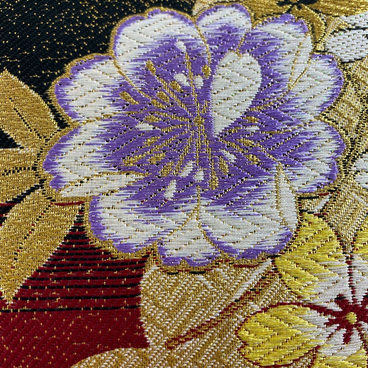 袋帯 秀品 振袖向き 桜 唐織 金糸 赤黒 六通 正絹