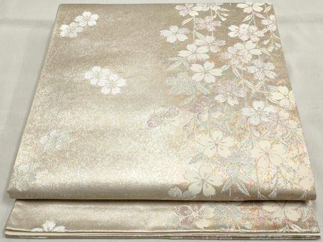 振袖用袋帯　舞桜柄　白地に銀ラメ　逸品 平和屋着物◎六通柄袋帯 舞桜文 銀糸 引箔 正絹 逸品 DAAU1476qa