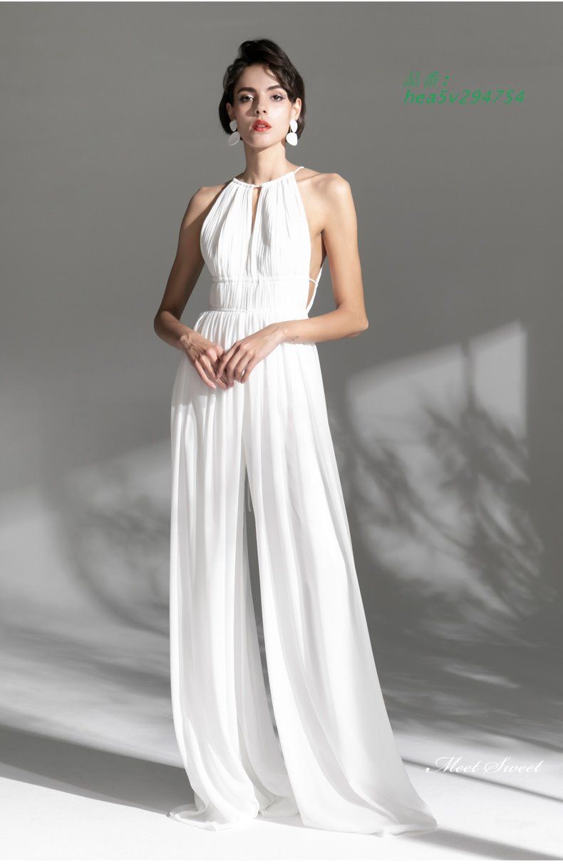 ウェディングドレス ウエディングドレス ロングドレス 二次会 結婚式 前撮り ワイドパンツ パンツドレス 花嫁 パンツドレス ブライダル ホルターネック hea5v294754