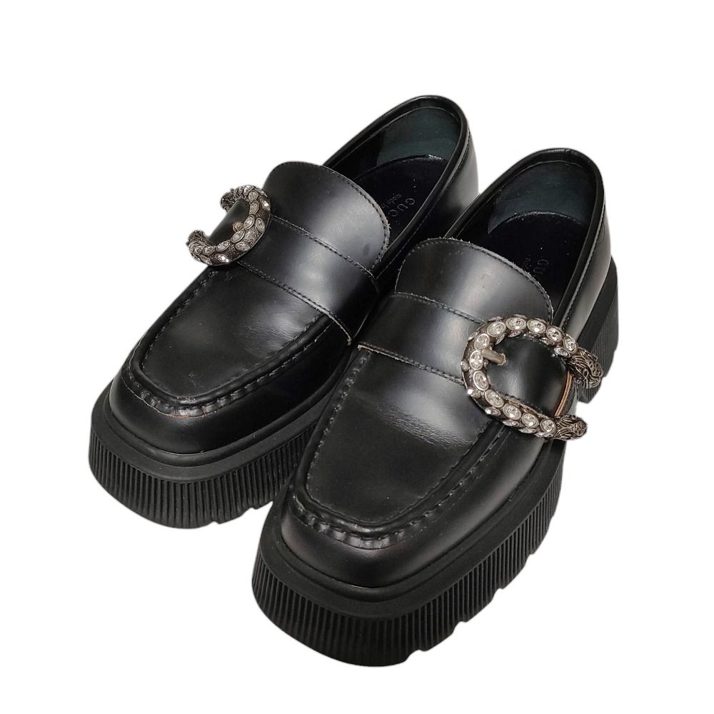 GUCCI グッチ レザー ラインストーンバックル デュオニソス チャンキー ローファー 35.5 22.5cm相当 ブラック レディース 古着