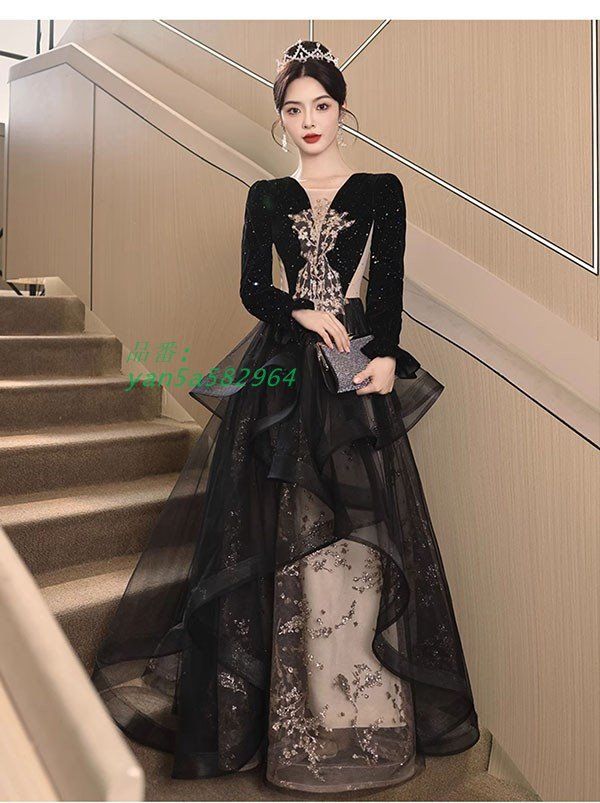 ドレス 大人 ピアノ 発表会 ロング丈 ぽっちゃり 大きいサイズ 演奏会 ワンピース ピアノ発表会 イブニングドレス 袖付き yan5a582964