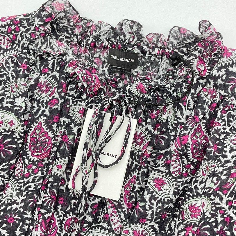未使用 ISABEL MARANT  イザベルマラン 36 ブラック×ホワイト×ピンク シルクペイズリーギャザーブラウス 未使用 ISABEL MARANT イザベルマラン 36 ブラック×ホワイト