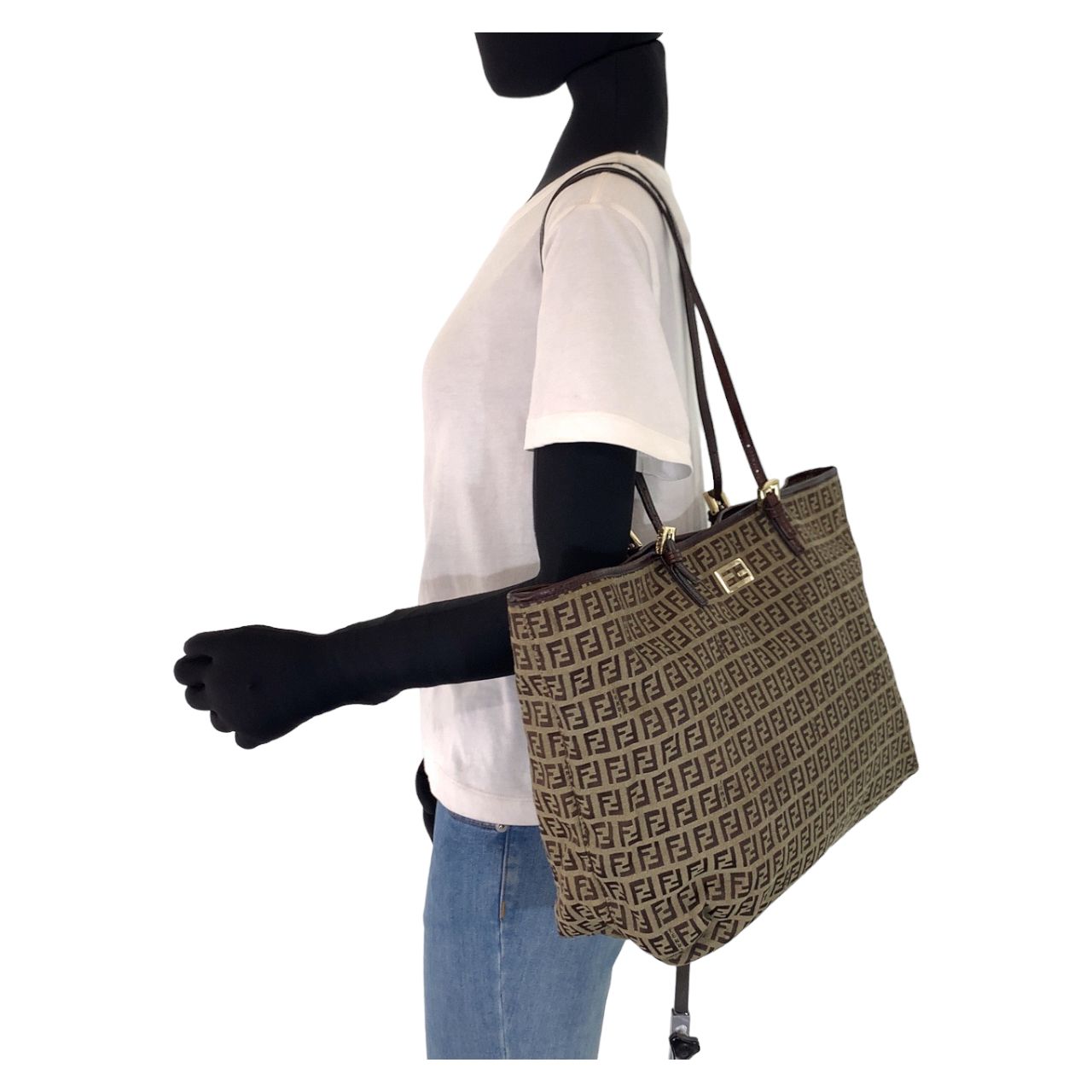 FENDI フェンディ ズッキーノ ズッカ柄 トート ハンドバッグ レザー 茶