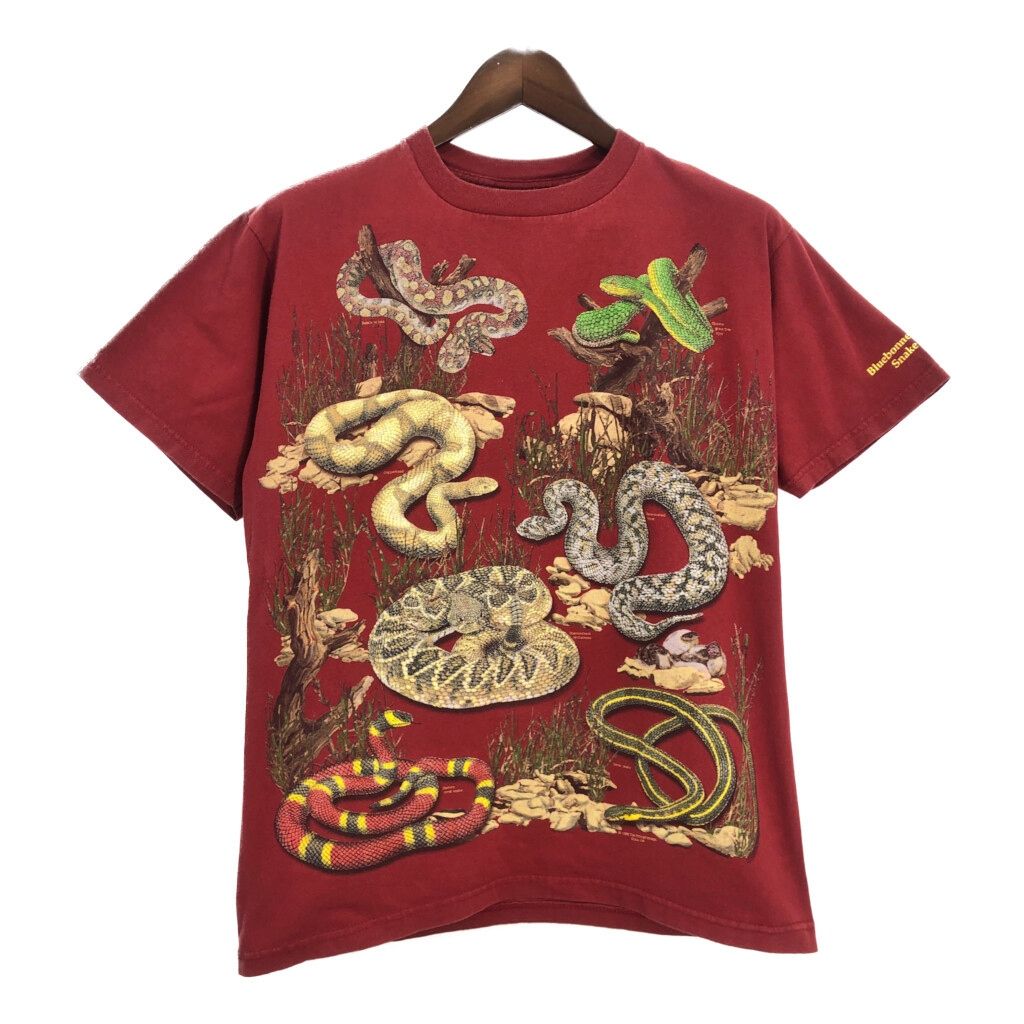 90年代 NATURE FACTS アニマルプリント ヘビ 半袖Ｔシャツ レッド (メンズ LARGE) 中古 古着 T3678