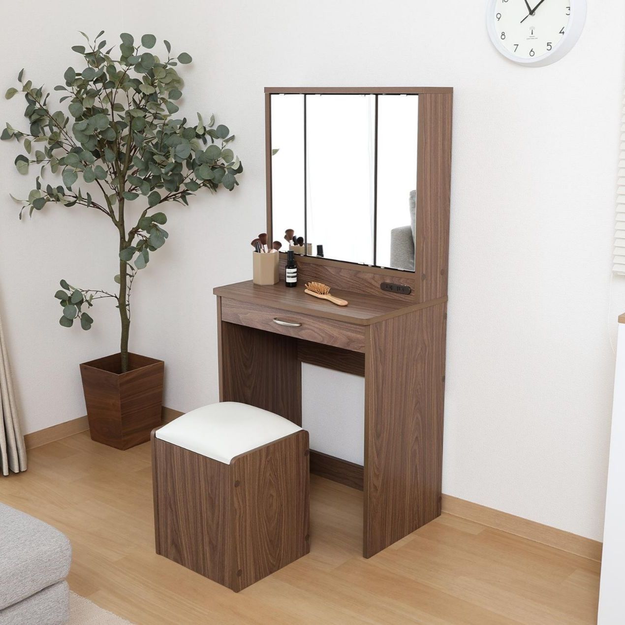 ♪３面鏡 ドレッサー スツール付 ブラウン 幅60cm 化粧台 メイク コンセント付