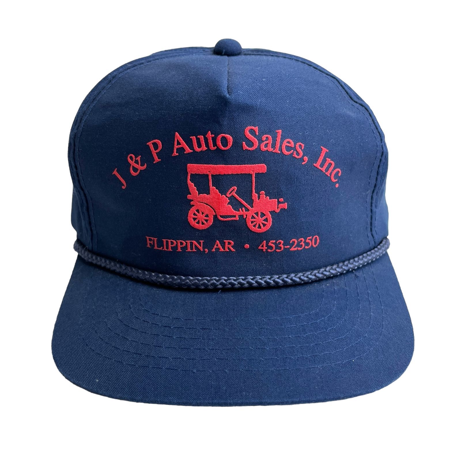 【キャップ/帽子】J&P Auto Sales, Inc ビンテージ トラッカー キャップ アーチロゴ ネイビー 紺 レッド 赤