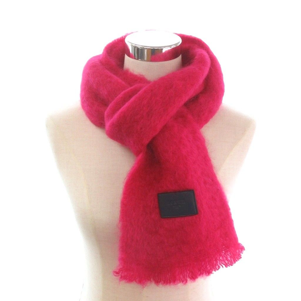 ロエベ LOEWE 美品 マフラー レザーパッチ モヘヤ ピンク系 小物