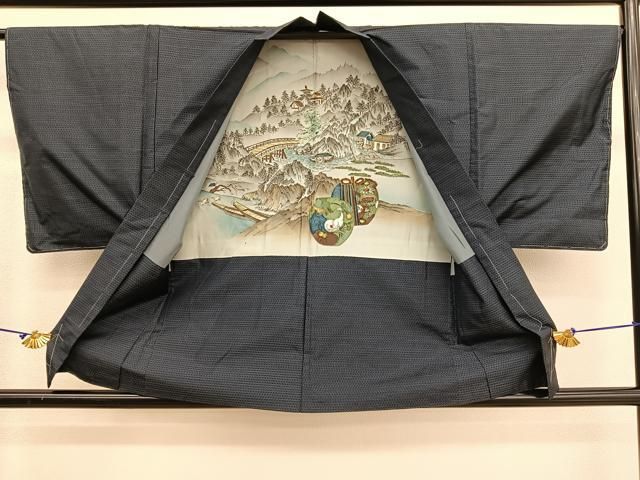 平和屋着物○男性 紬 アンサンブル 格子柄 キングサイズ 正絹 逸品