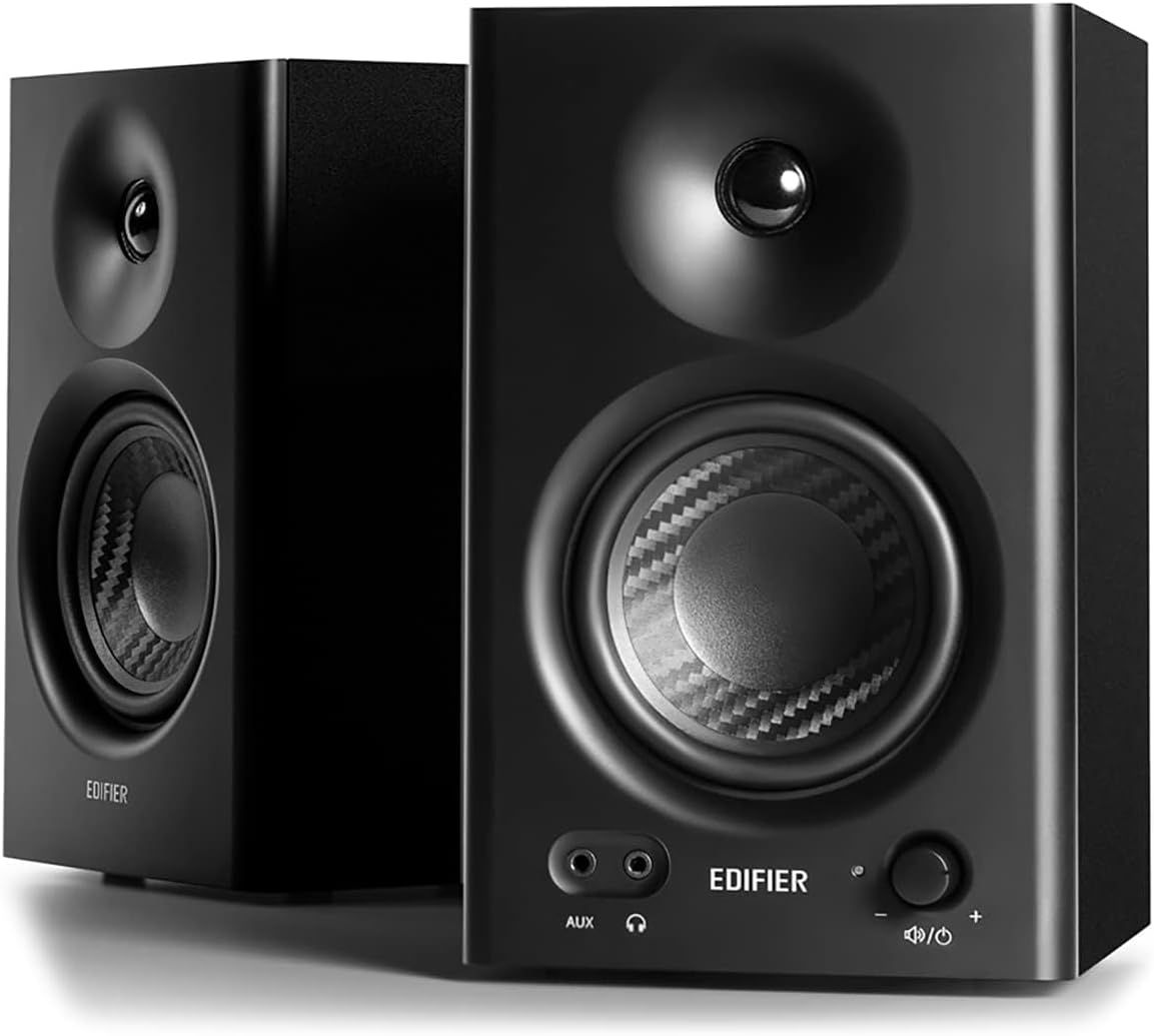 Edifier MR4 42W モニタースピーカー、4インチ中低音スピーカー 音質高、PC dtm 作曲 スタジオモニター用有線外付けスピーカー、TRSバランス/RCA/AUX入力、3.5mm ヘッドホン端子出力、アンプ内蔵 2台1