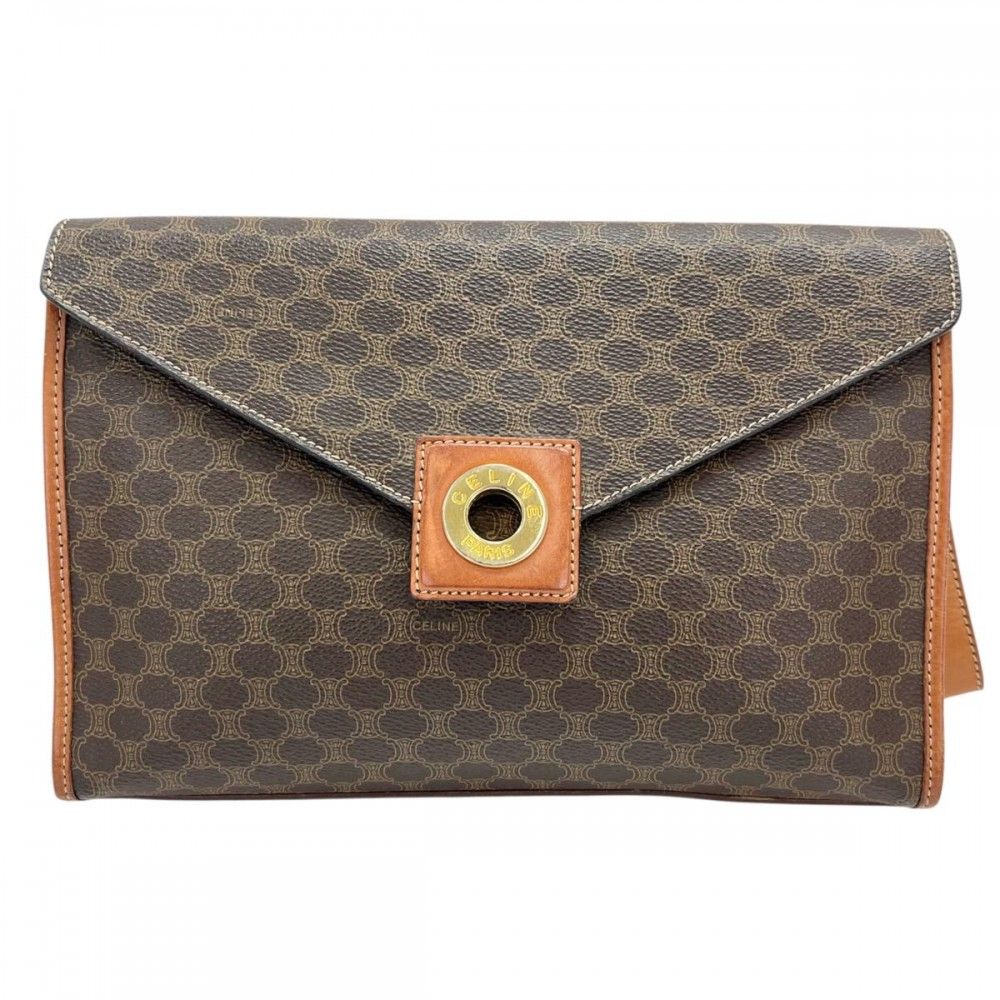 セリーヌ クラッチバッグ レディース フラップ式 セカンドバッグ ハンドストラップ付 マカダム CELINE ブラウン 茶 ゴールド金具 品