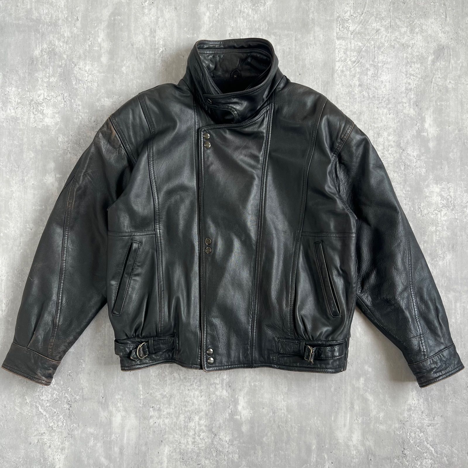 80s　ヴィンテージ　スタンドカラー　ダブルライダースジャケット　羊革　Mサイズ 80s VINTAGE 羊革 スタンドカラー ダブルライダースジャケット Mサイズ