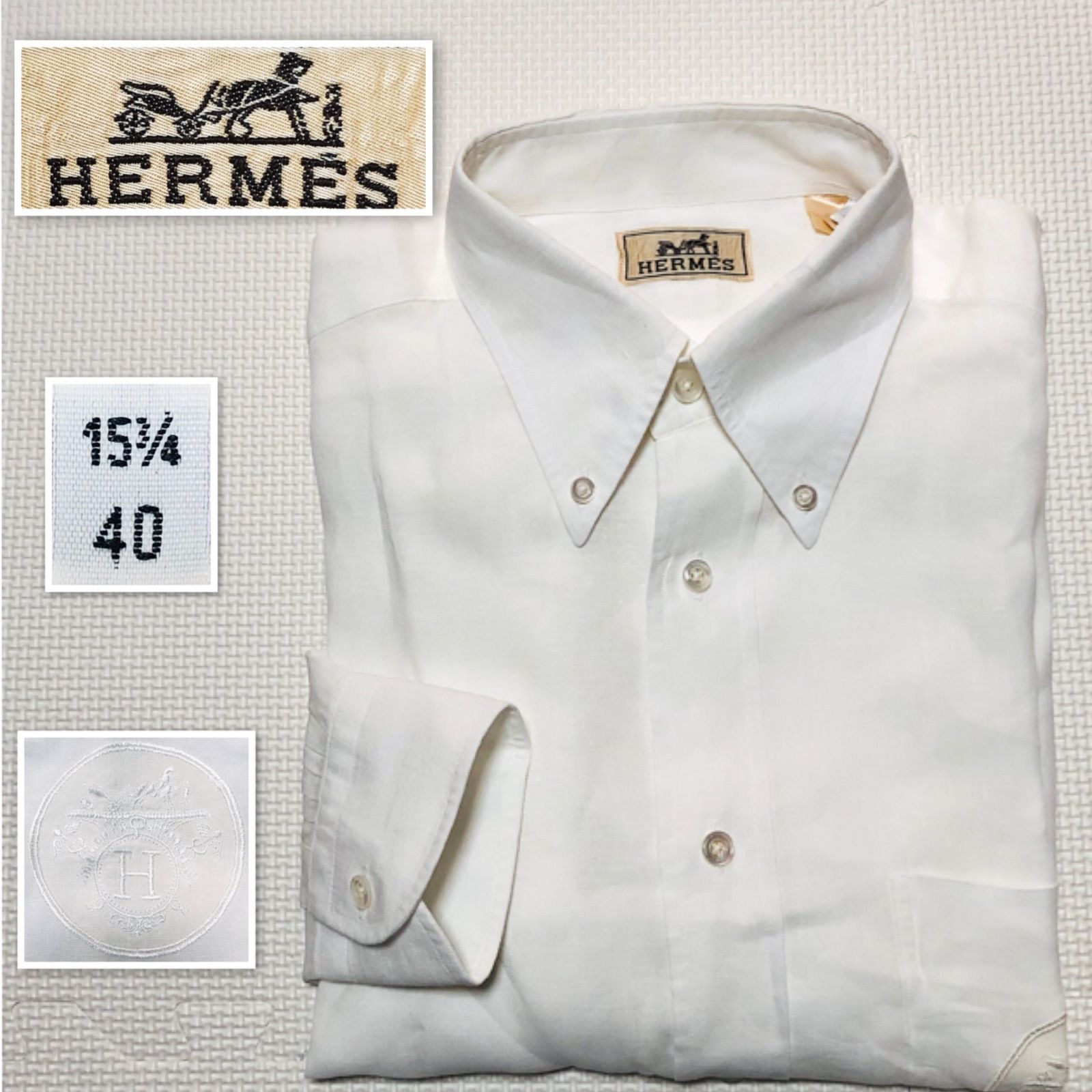 □美品□希少デザイン□リネン100%□HERMES エルメス Hロゴ+馬車