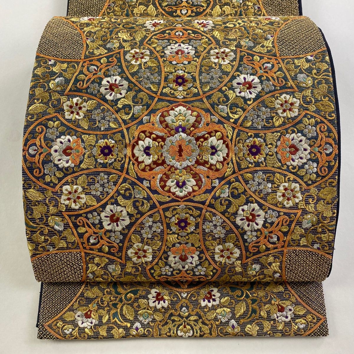 袋帯 華文 草花 金銀糸 箔 深緑 六通 正絹