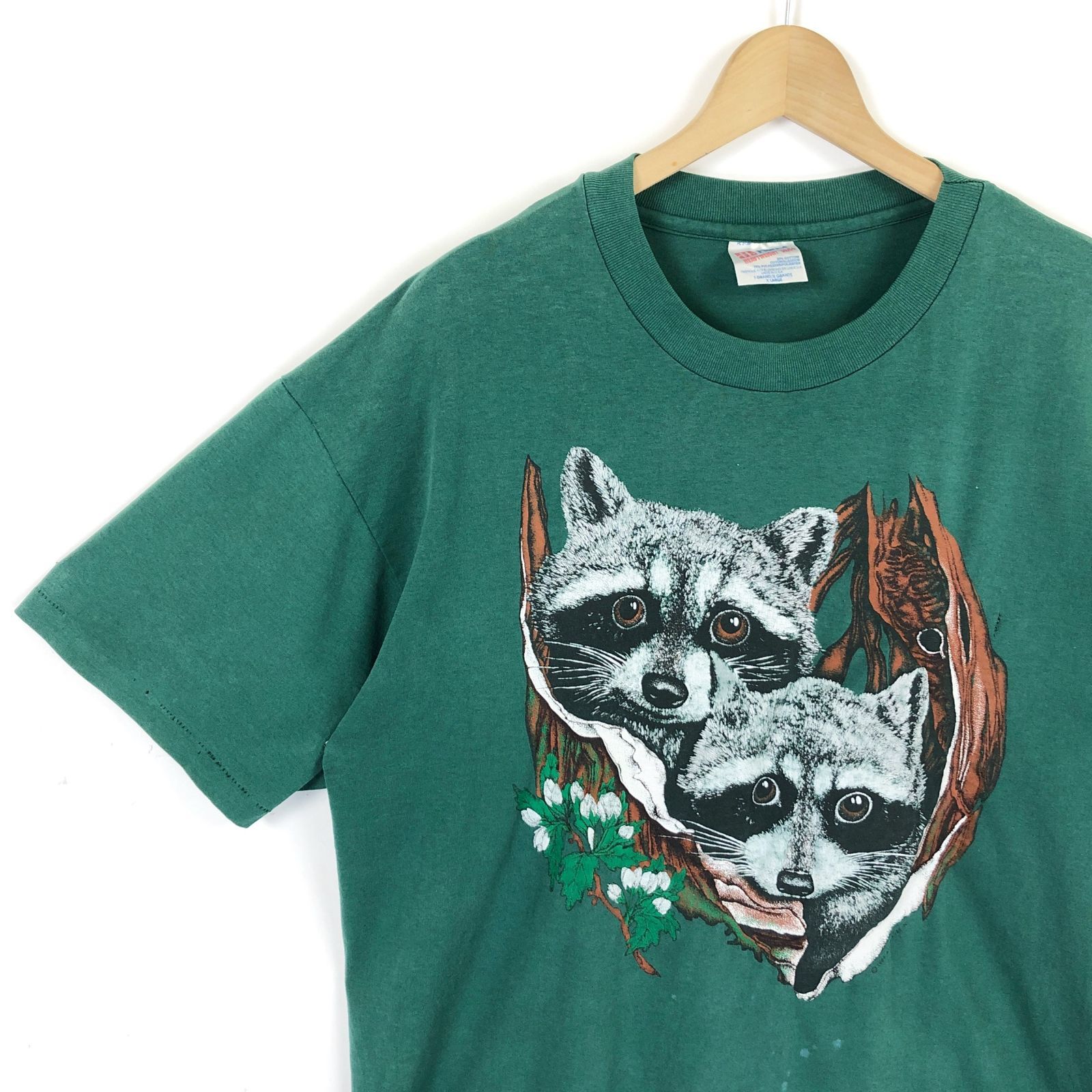 Tシャツ アニマル柄 アライグマ 80年代 古着 ヴィンテージ 緑 XL