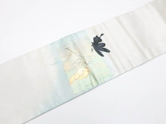 【和】16200o 九寸名古屋帯　オリジナル　太鼓柄　草花にネコと蜻蛉　金駒刺繍 和】16200o 九寸名古屋帯 オリジナル 太鼓柄 草花にネコと蜻蛉
