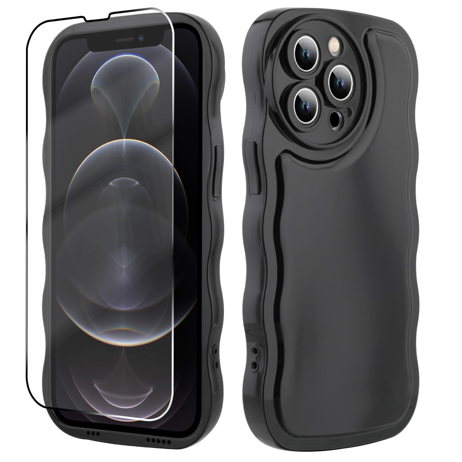 XORITD iPhone 12 Pro ケース ウェーブ 可愛い 韓国 おしゃれ 波状エッジ 強化ガラス 保護フィルム シンプル 滑り止め いphone 12 pro TPU素材 人気 シリコン 耐衝撃 シリコン カメラレンズ保護 衝撃保