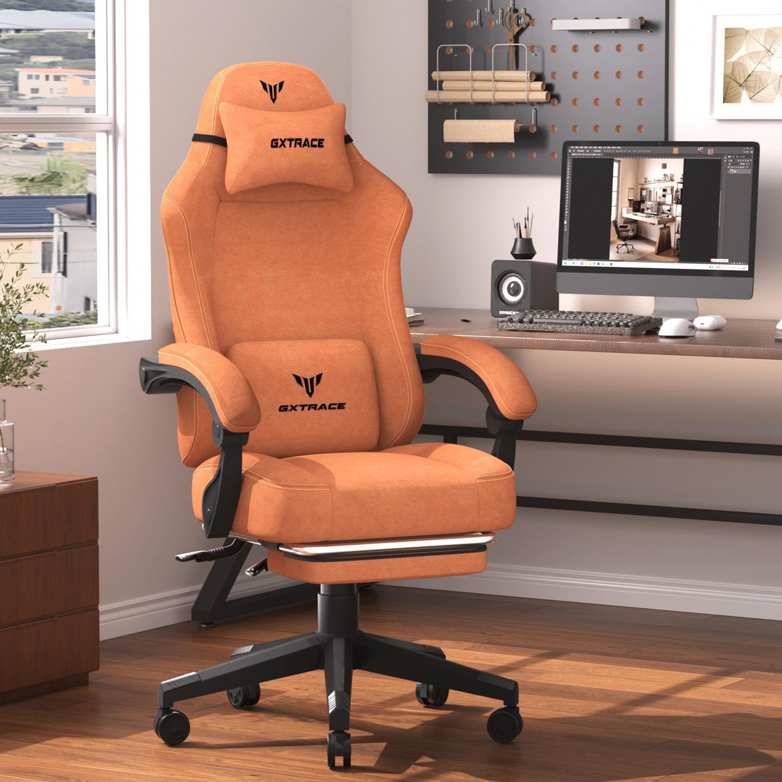 GXTRACE ゲーミングチェア オフィスチェア 椅子 ファブリック 幅広座面&145度リクライニング機能付きパソコンチェア 快適な座り心地 デスクチェア 通気性PCチェア Orange