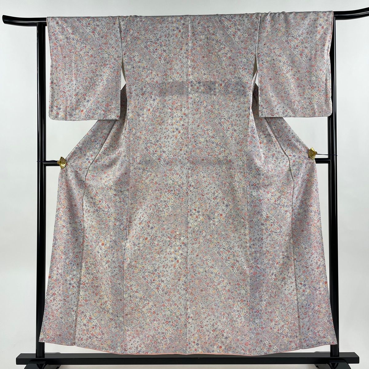 小紋 身丈157cm 裄丈64.5cm M 薄物 団扇 草花 絞り 銀彩 ベージュ 正絹 