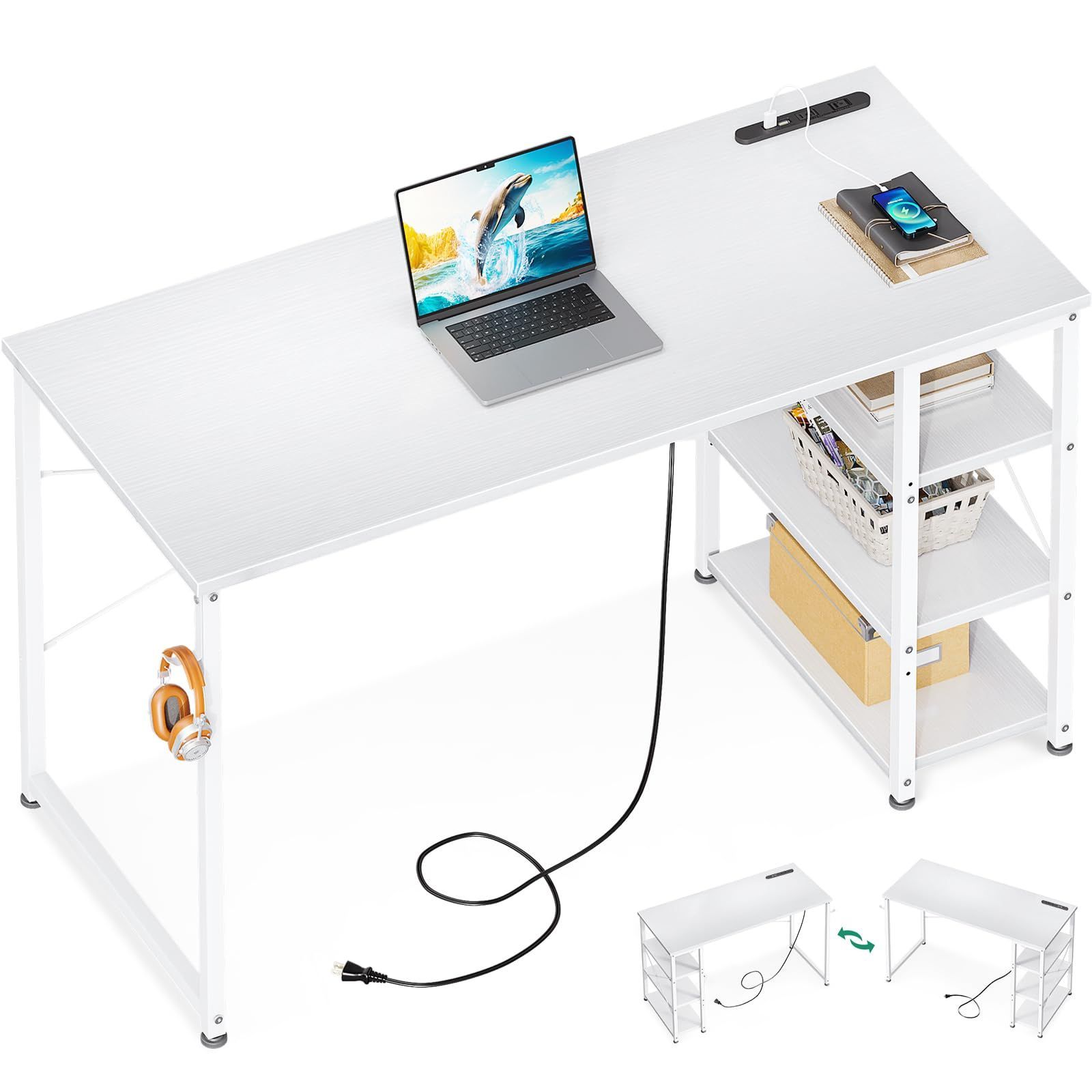 KKL デスク パソコンデスク ゲーミングデスク 幅120cm×奥行40cm ラック付きデスク コンセント付き PC机 オフィス ゲーム 収納ラック 子 勉強机 学習机 ban hc 左右入替可 ホワイト