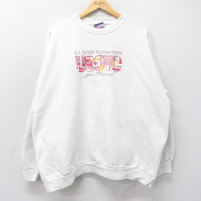 XL/古着 ヘインズ 長袖 スウェット メンズ 90s USTOC 刺繍 大きいサイズ クルーネック 白 ホワイト 24sep10 中古 スエット トレーナー トッ