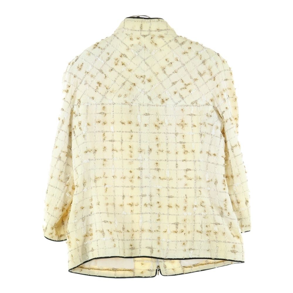 CHANEL シャネル ココマーク 裏地シルク リボンモチーフ スタンド ツイードジャケット ホワイト ゴールド レディース