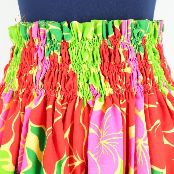 フラダンス用パウスカートレッドオレンジ花柄美品 クリーニング済み 美品パウスカート フラダンス黄色オレンジタイダイ柄
