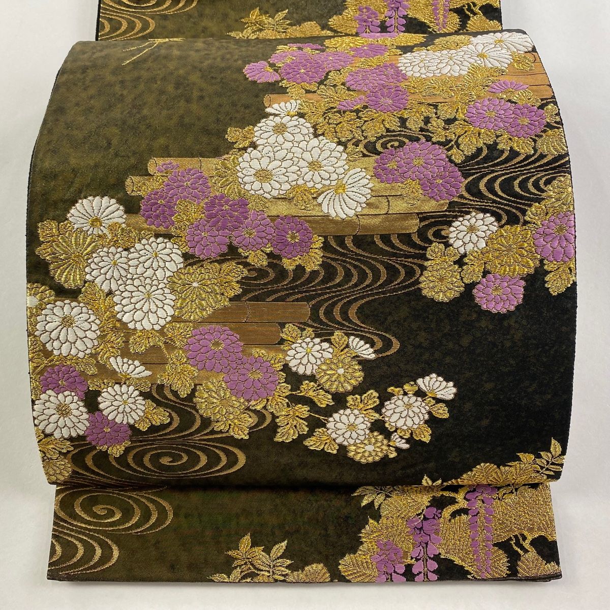 袋帯 じゅらく 落款 花筏 流水 金糸 箔 焦茶色 六通 正絹