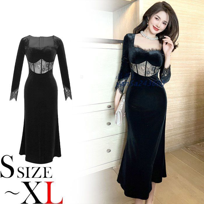 ウエストレース刺繍 ベロア仕立て 長袖ロングタイトドレスワンピース 黒 yan 5 a 243605
