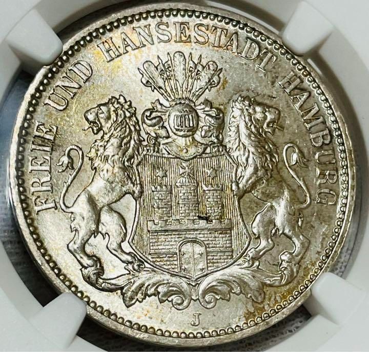 ○ドイツ帝国（ハンブルク自由都市） 1911年J NGC MS65 3マルク銀貨-