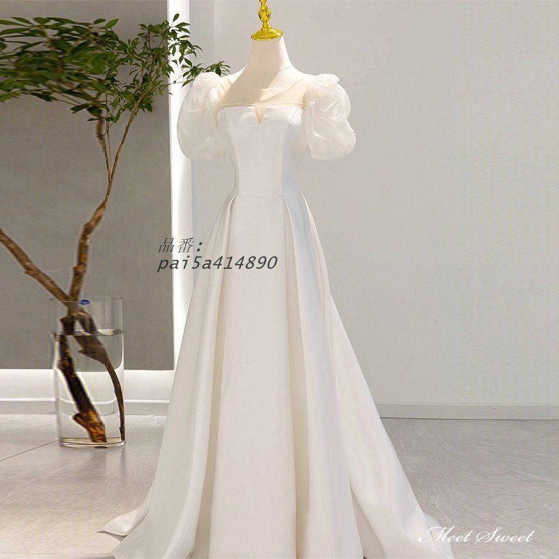 ウェディングドレス ロングドレス Aラインドレス パフスリーブ サテン 可愛い 結婚式 ウエディングドレス 二次会 前撮り 白 花嫁 発表会 ブライダル pai5a414890