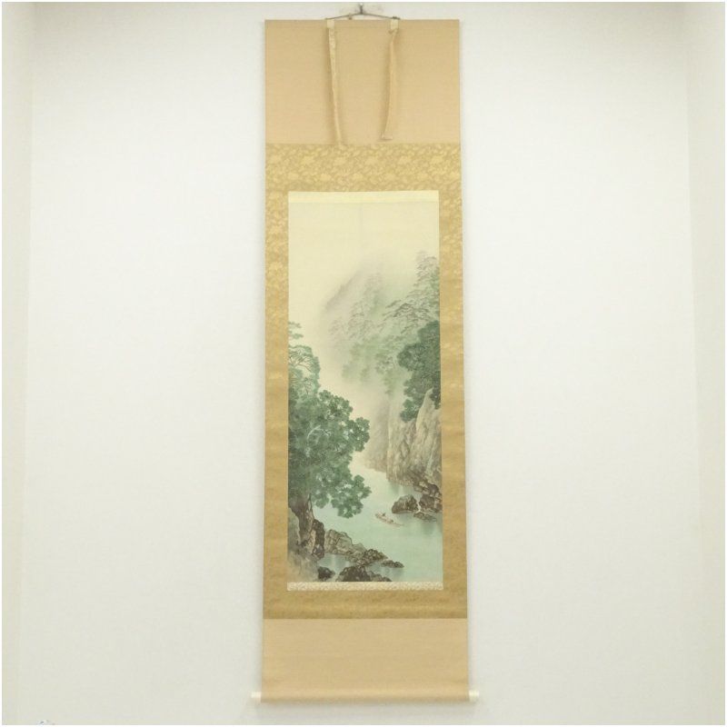 米島光清筆 山峡 彩色山水 肉筆絹本掛軸（共箱） 掛け軸 床の間
