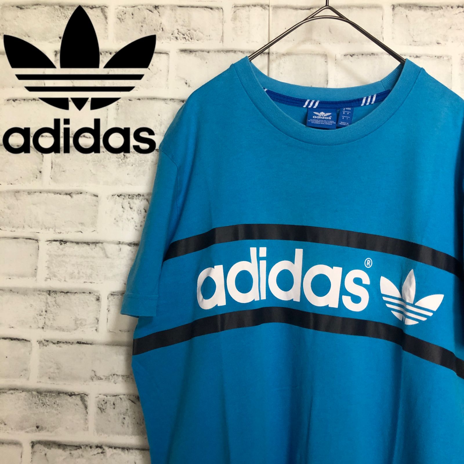 XL⭐️00s adidas アディダスオリジナルス トレファイルロゴ Tシャツ vintage スカイブルー×白黒