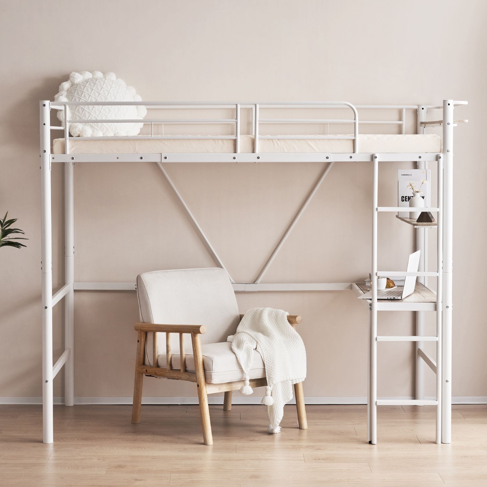 ロフトベッド シングル パイプベッド 収納棚 デスク付き 北欧風