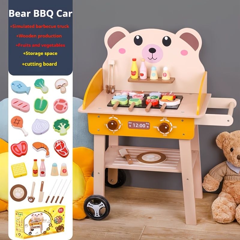 新着商品 25ピース 木製BBQプレイセット グリル付きごっこ遊びおもちゃ キッチンアクセサリー 若者向け教育食品準備キット 男の子と女の子への理想的なギフト キッチンおもちゃ